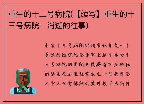 重生的十三号病院(【续写】重生的十三号病院：消逝的往事)